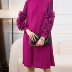 Long Sleeves Loose Embroidered Pleated Solid Color Round-Neck Midi Dresses