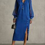 Long Sleeves Puff Sleeves Buttoned Pleated Pockets Solid Color Split-Side V-Neck Midi Dresses