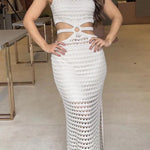 Stunning Gaze Knit Texture Ring Side Waist Cutout Stretch Maxi Dress（Note: top without lined, you can bring your own bra）