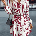 Loose Puff Sleeves Printed Split-Joint Lapel Mini Dresses Shirt Dress
