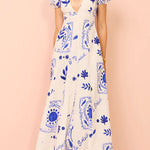 V Neck Puff Sleeves Resort Print A-line Maxi Dress