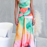 One Shoulder Sleeveless Cut Out Waist Printed Maxi Dress