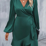 High Waisted High-Low Elasticity Pleated Solid Color Split-Joint Tied V-Neck Mini Dresses