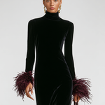 Women's Minimalist Velvet Patchwork Faux Ostrich Feather Cuffs And Hem Maxi Dress