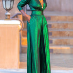 High Waisted Three-Quarter Sleeves Shiny Solid Color Deep V-Neck Jumpsuits Bottoms