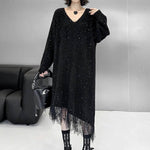 Irregularity Long Sleeves Contrast Color Sequined Shiny Split-Joint Tasseled V-Neck Midi Dresses Sweater Dresses