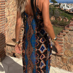 Unique Printed Suspender Pocket Full Hem Loose Holiday Maxi Dress