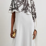 A-Line Capelet Contrast Color Printed Mock Neck Maxi Dresses