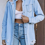 Casual Ripped Raw Hem Button Up Denim Shacket