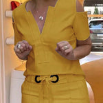 Loose Short Sleeves Solid Color Split-Joint Cold Shoulder Blouses&Shirts Tops