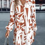 Loose Puff Sleeves Printed Split-Joint Lapel Mini Dresses Shirt Dress