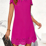 Loose Short Sleeves Hollow Pleated Solid Color Split-Joint Round-Neck Mini Dresses