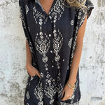 Linen Blend Unique Print Lapel Casual Pocket Mini Dress