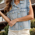 Stylish Lapel Single-breasted Ruffle Sleeve Loose Denim Jacket