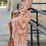 Pink Sexy Bohemian Floral V Neck Ruffle Maxi Dress