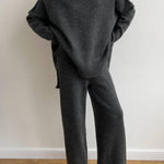 High-neck loose-fitting knit sweater and wide-leg pants two-piece set