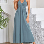 A-Line Loose Pleated Solid Color Split-Joint Deep V-Neck Maxi Dresses