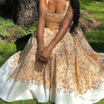 A-Line High Waisted Buttoned Flower Print Pleated Zipper Spaghetti-Neck Maxi Dresses