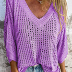 Fashionable Hollow V-neck Long-sleeved Casual Loose Knitted Top