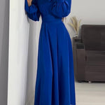 A-Line Long Sleeves Pleated Solid Color Tied Waist Zipper Mock Neck Maxi Dresses