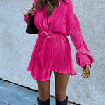 Long Sleeves Buttoned Pleated Solid Color Tied Waist Lapel Mini Dresses Shirt Dress