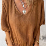 Linen Blend Solid Color V-neck Loose Pleated Casual Top