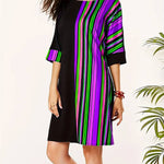 A-Line Half Sleeves Asymmetric Contrast Color Striped Round-Neck Mini Dresses