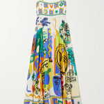 Joyful Glow Goddess Linen Blend Unique Print Pocketed Smocked Back Midi Dress