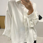 Simple Long Sleeves Loose Buttoned Pleated Solid Color Lapel Collar Blouses&Shirts Tops