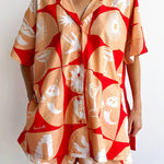 Linen Blend Unique Printed Shirt Top and Elastic Waisted Loose Pocket Shorts Set