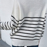 Women’s Crew Neck Button Raglan Sleeves Striped Sweater