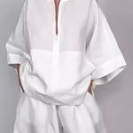 Long Sleeves Loose Solid Color Zipper V-Neck Shirts Tops
