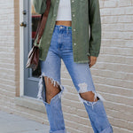 Casual Ripped Raw Hem Button Up Denim Shacket