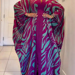 Batwing Sleeves Long Sleeves Contrast Color Printed Split-Front Split-Joint V-Neck Maxi Dresses