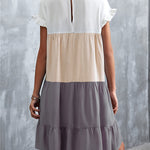 Loose Ruffle Sleeves Contrast Color Falbala Pleated Split-Joint Round-Neck Mini Dresses