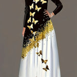 A-Line Long Sleeves Butterfly Print Pockets Round-Neck Maxi Dresses