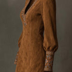 Vintage Suede Embroidered Mini Dress With Long Sleeves