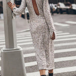Margovil Long Sleeves Back Cut Out Sequin Midi Dress