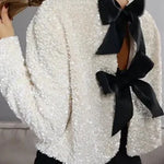 Margovil Long Sleeves Bow Knot Glitter Sequin Top