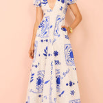 V Neck Puff Sleeves Resort Print A-line Maxi Dress