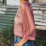 Elegant Gray Purple Floral Embroidery Half Sleeve Chiffon Shirt