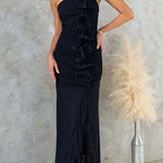 Margovil One Shoulder Slit Ruched Ruffle Mesh Maxi Dress