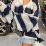 Margovil Lantern Sleeves Button Down Color Block Stripes Sweater with Scarf
