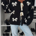 Vernie Knit Jewelry Pendant Bow Pattern Front Tie-up Long Sleeve Loose Cardigan