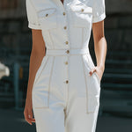 Tailored Button-Front Short Sleeve Denim Jumpsuit