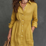 Bohemian Casual Button-Front Cotton Shirt Dress With Lace Trim