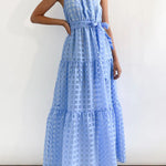 Loose Sleeveless Plaid Ribbed Stand Collar Maxi Dresses