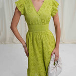 A-Line Loose Elasticity Hollow Pleated Solid Color V-Neck Mini Dresses