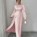 A-Line Elasticated Waist Asymmetric Pleated Solid Color Split-Joint Round-Neck Maxi Dresses
