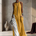 Loose Sleeveless Contrast Color Pockets Split-Joint Spaghetti-Neck Maxi Dresses